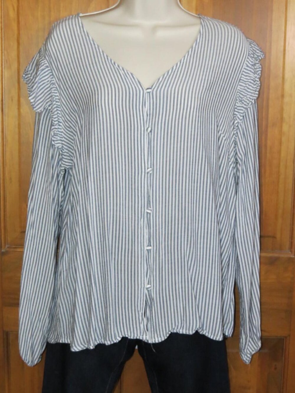 Velvet Heart Heather Black & White Stripe Long Sleeve Ruffle Size Large
